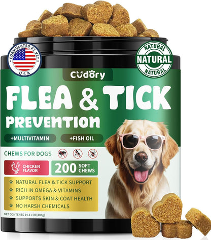 Flea and Tick Prevention for Dogs, 200 Natural Soft Chewables Flea and Tick Support with Vitamins &
