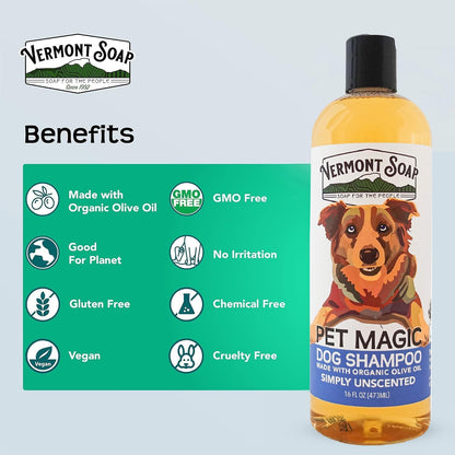 VERMONT SOAP Organics Pet Shampoo - Infused with Organic & Natural Olive Oil, Coconut & Aloe Vera
