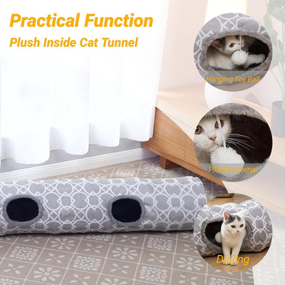 LUCKITTY Geometric Straight Cat Tunnel with Plush Inside,Cats Toys Collapsible Tunnel Tube with
