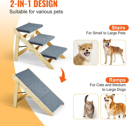 VEVOR Wood Pet Stairs/Pet Steps, 2-in-1 Foldable Wooden Dog Stair for Beds, Sofa and Cars, Dog