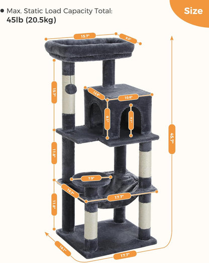Cat Tree for Indoor Cats, 45.7" Multi-Level Cat Tower with Large Metal Frame Hammock, Cat Condo