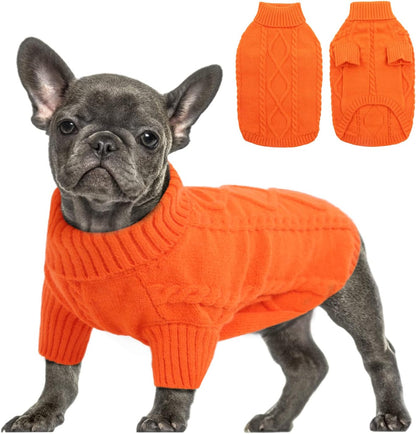 Queenmore Small Dog Pullover Sweater, Cold Weather Cable Knitwear, Classic Turtleneck Thick Warm