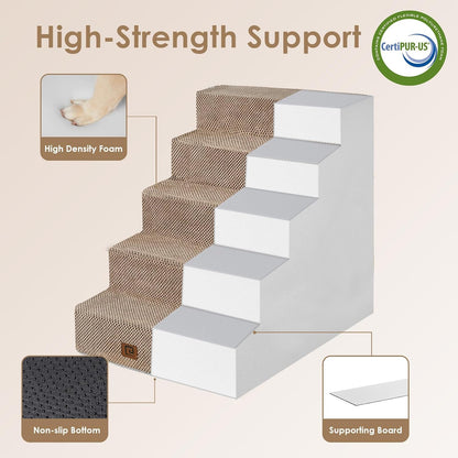EHEYCIGA Dog Stairs for High Bed 25" H, 5-Step Extra Wide Dog Steps for Bed, Pet Steps for Small