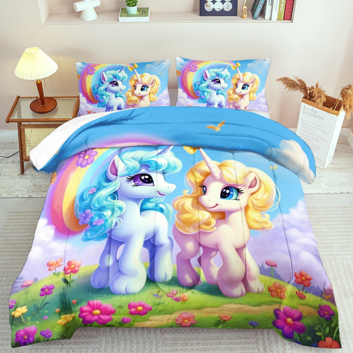 Unicorn Comforter Set Queen,Kawaii Unicorn Bedding Set Queen Kids,Rainbow Comforter Blue Bedroom