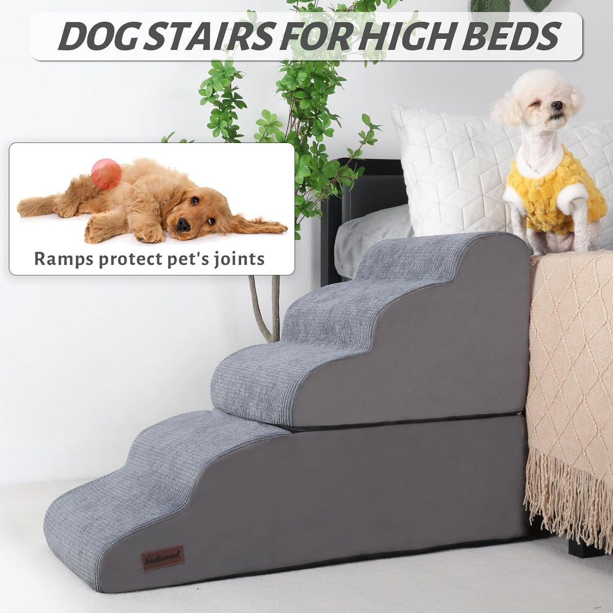 Dog Stairs and Ramp for High Bed, 5-Step Dog Steps for Small Dogs and Cats,Non-Slip Pet Stairs