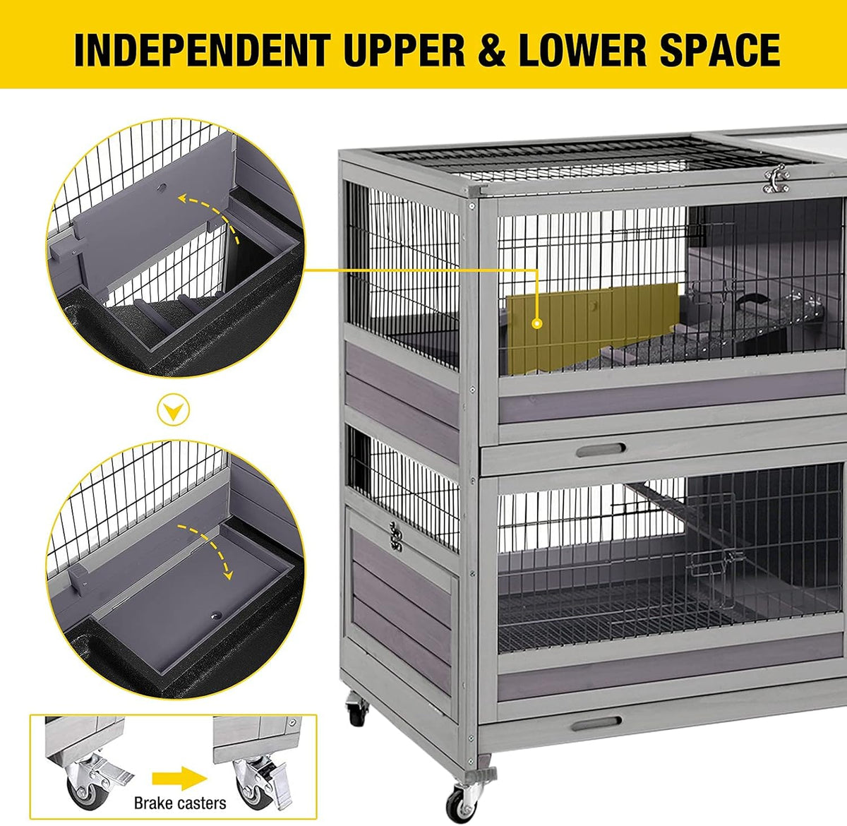 Rabbit Hutch Indoor Outdoor Bunny Hutch Pull Out Tray Guinea Pig Cage with Bottom Wire-Netting, On
