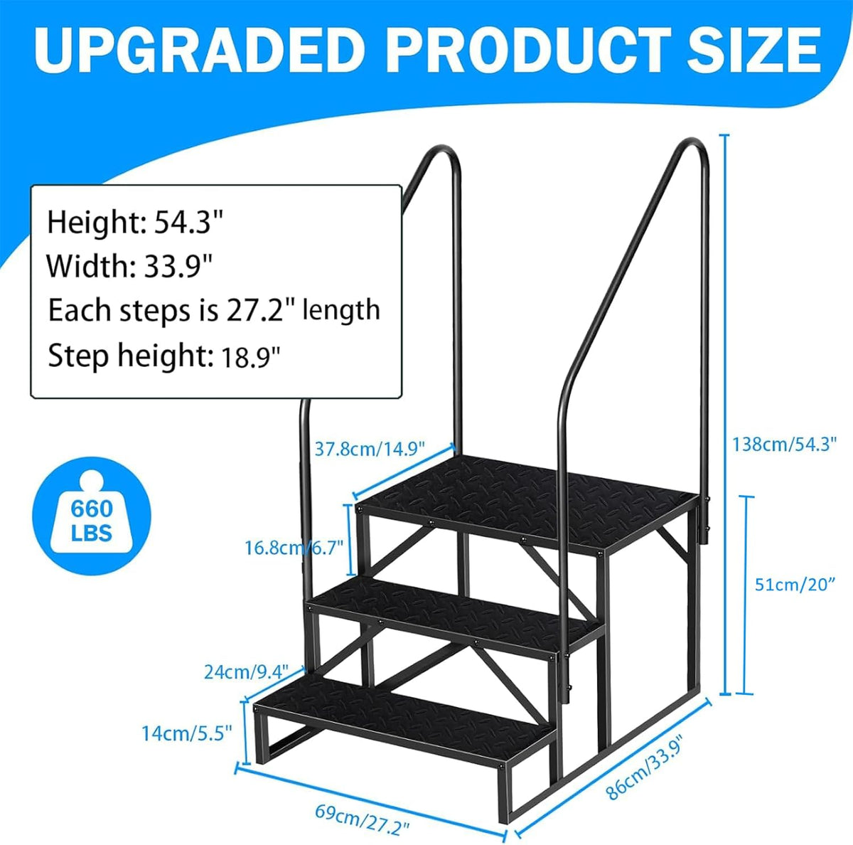 RV Step 3 Step Ladder, Upgrade RV Step with Handrails, Heavy Duty RV Stairs with Anti-Slip Pedal