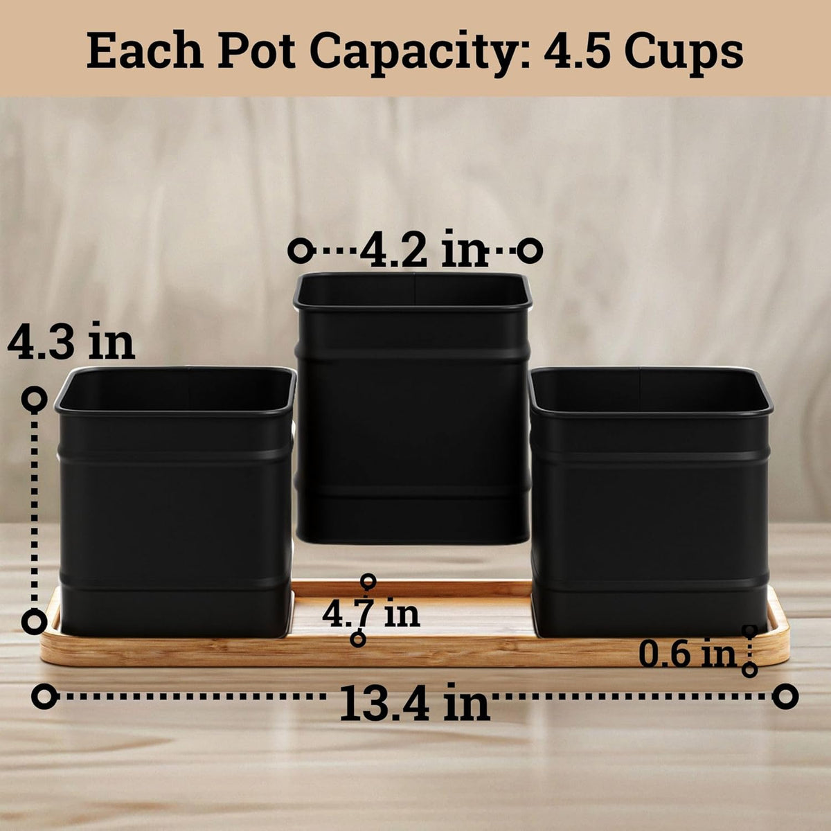 Herb Planter Indoor - 3 Iron Herb Pots with Drainage Holes, Varnished Bamboo Tray, Customizable