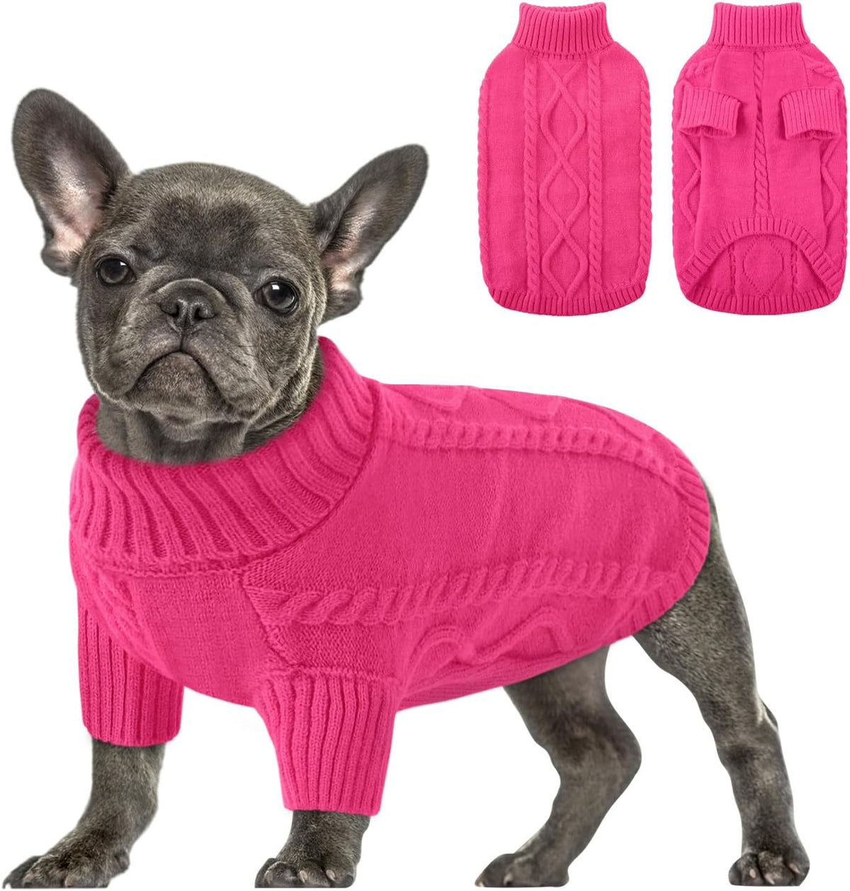 Queenmore Small Dog Pullover Sweater, Cold Weather Cable Knitwear, Classic Turtleneck Thick Warm