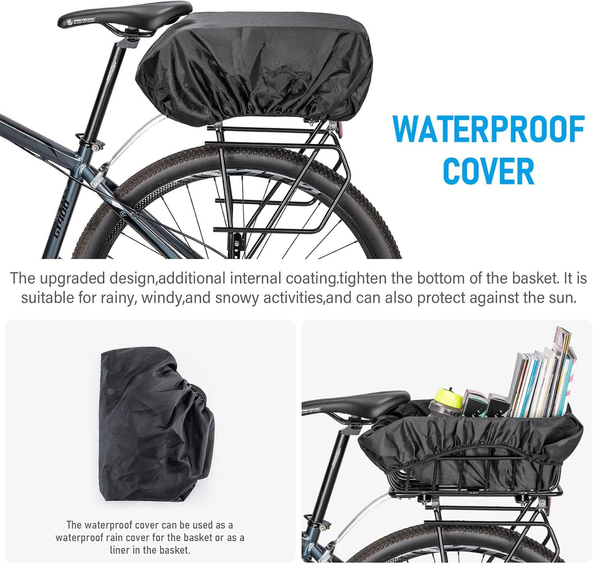 CXWXC Rear Bike Basket - Bicycle Rear Basket with Cargo Net and Waterproof Cover - Rear Mount