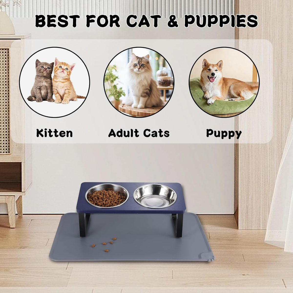 Upgraded Elevated Cat Bowls with Food Mat,15°Tilted Stand Anti Vomiting Raised Cat Dishes for Food