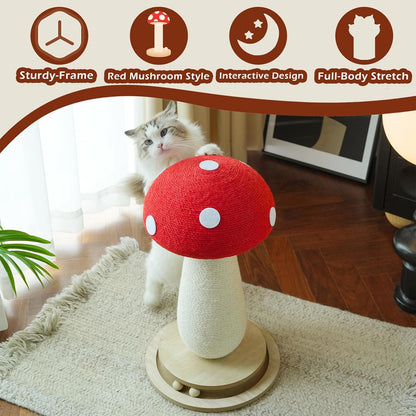 Cat Scratching Post Mushroom Cat Tree with Natural Sisal, Weighted Base & Interactive Ball - for