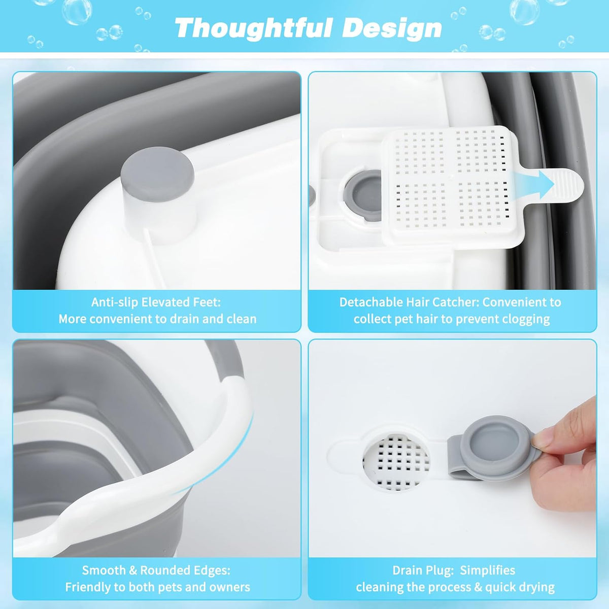 FHTONGE 7.13 Gal/27L Raised Collapsible Dog Bathtub with Drain Hair Catcher, Multifunctional Pet