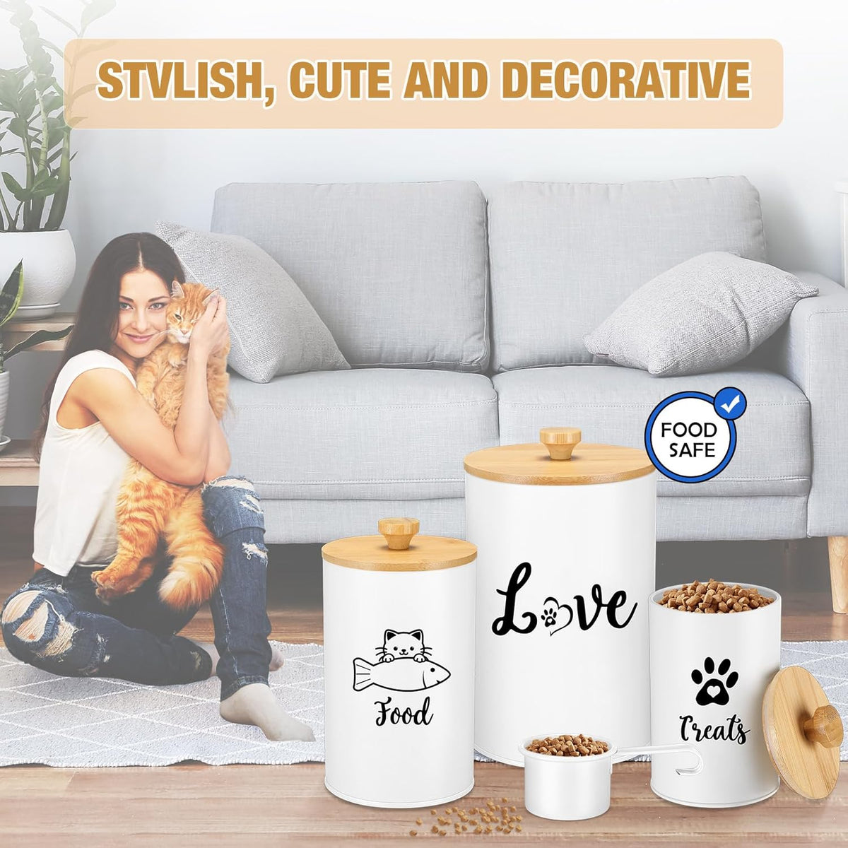 Metal Airtight Cat Treat Container Set of 3 with Bamboo Lids and Spoon Cat Food Storage Container