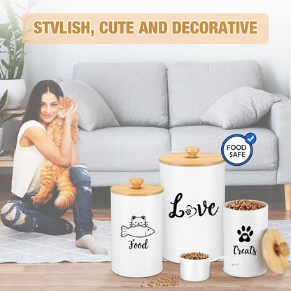 Metal Airtight Cat Treat Container Set of 3 with Bamboo Lids and Spoon Cat Food Storage Container