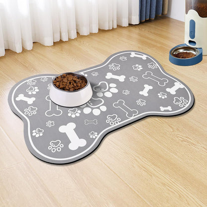 Dog Cat Food Mat, Rapid Absorbent Pet Feeding Placemat, Bone Shaped With Rubber Backing, No Stains