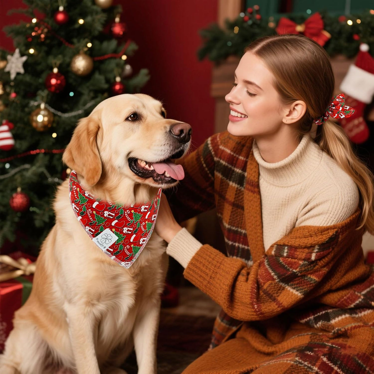 E-Clover Christmas Dog Bandanas & Matching Scrunchie Set Green Red Dog Scarf Bibs Pet Bandana with