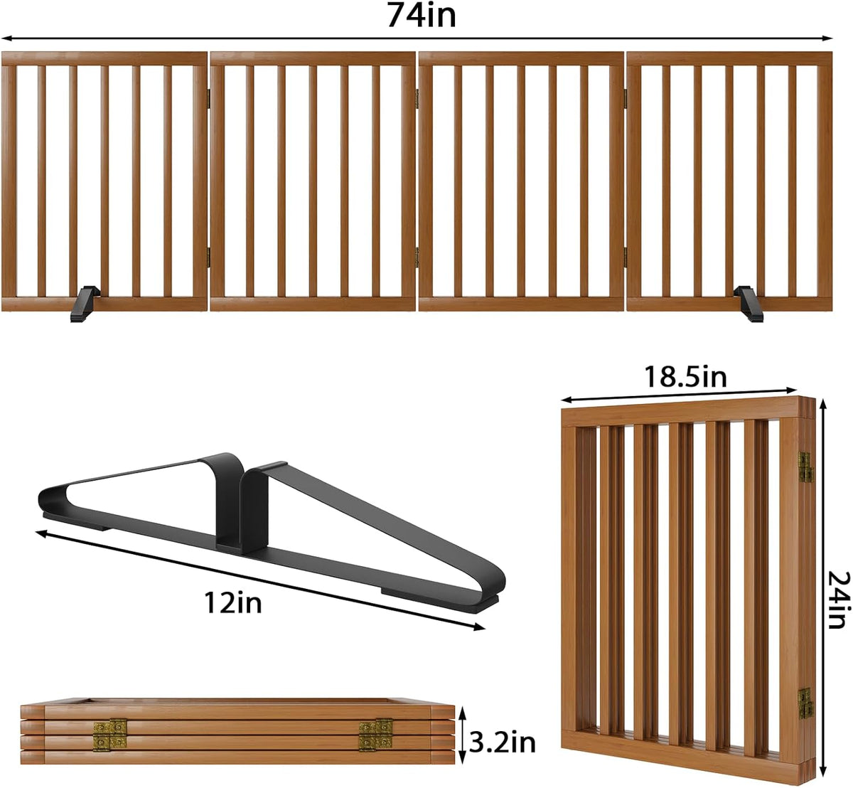 Freestanding Pet Gate Foldable 4 Panel Dog Gate Walnut Dog Gates for Stair Doorways House Indoor (2