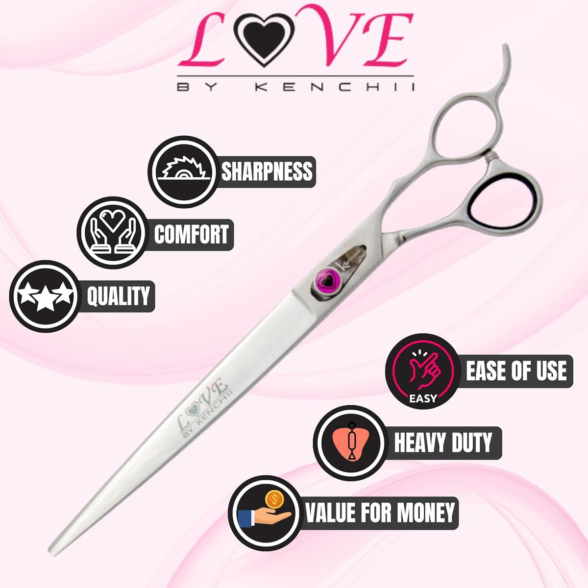 Kenchii Love Dog Grooming Scissors, 9 Inch Straight Shears, Dog Scissors for Grooming, Professional