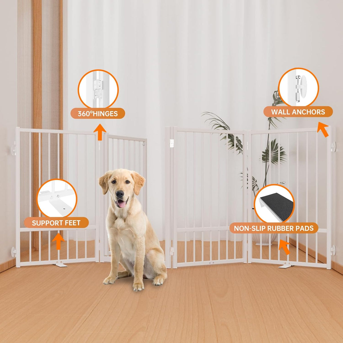 Full Metal Freestanding Dog Gate with Door, 32''Height Foldable Pet Dog Fence for Indoor & Outdoor
