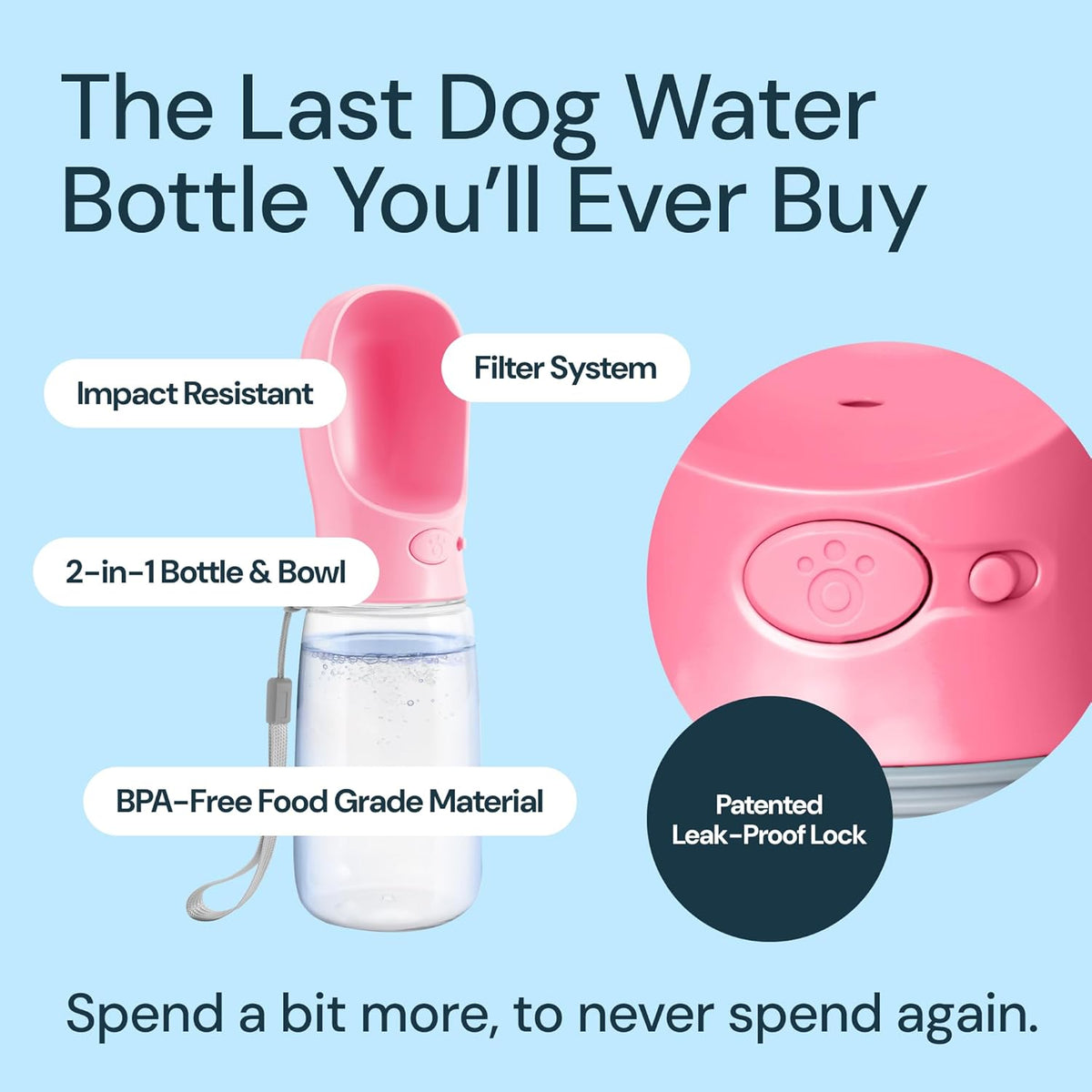 MalsiPree Dog Water Bowl Dispenser - 12 Oz, Pink - Portable Dog Water Bottle & Travel Pet Bowl
