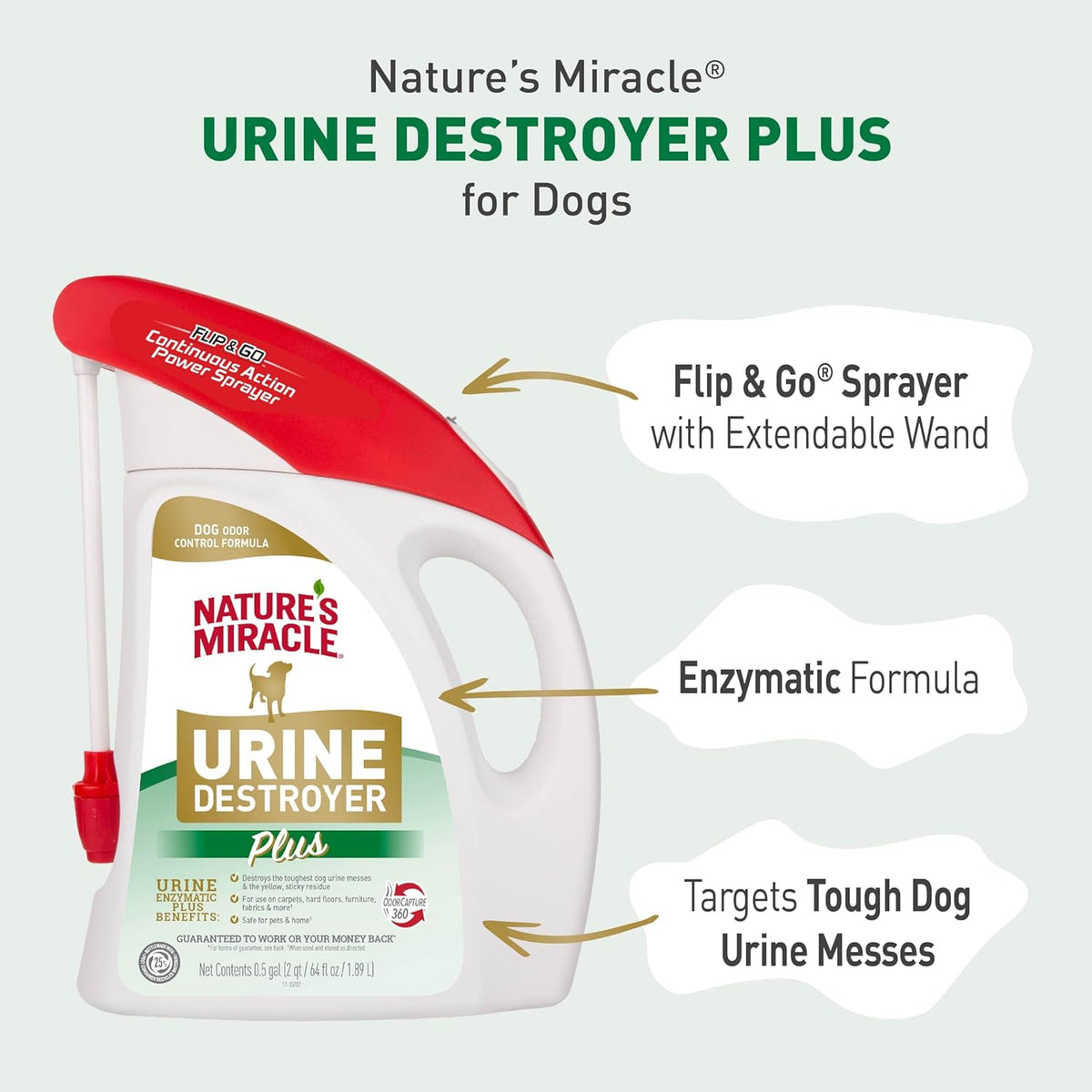 Nature's Miracle Urine Destroyer Plus for Dogs with Flip & Go Sprayer, 64 Ounces, Enzymatic Formula