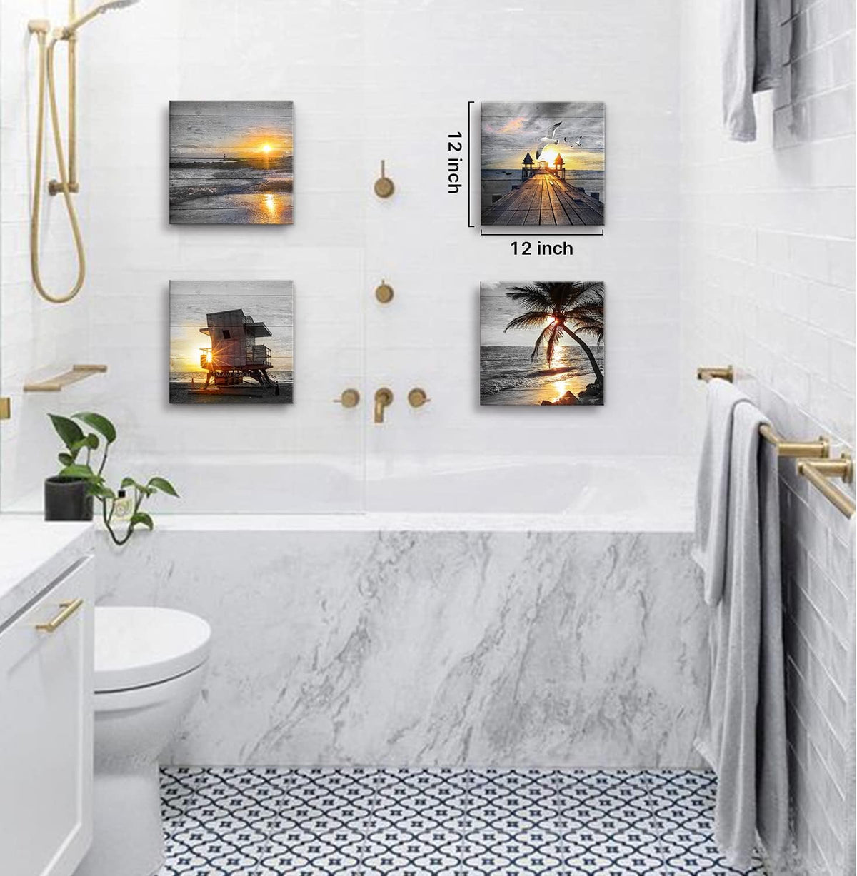 Yxbhhym- Bathroom Wall Art Black and White Gold Beach Wall Art Ocean Canvas Print Sunrise Sunset