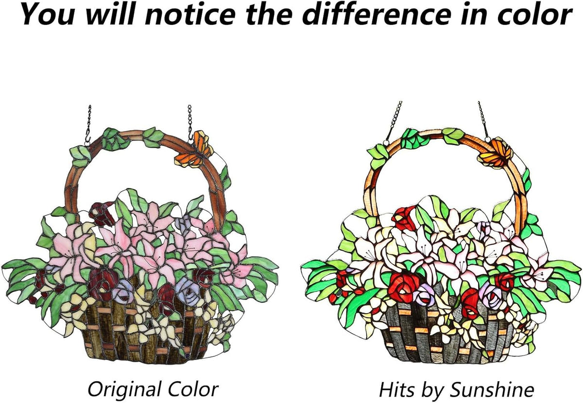 Bieye W10037 Lily and Rose Flower Gaily Decorated Basket Tiffany Style Stained Glass Window Panel