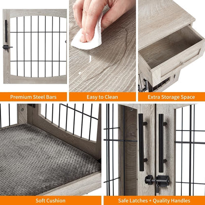 Dog Crate Furniture for Large Dogs, Wooden Dog Kennel Indoor with Double Doors, Dog Cage with
