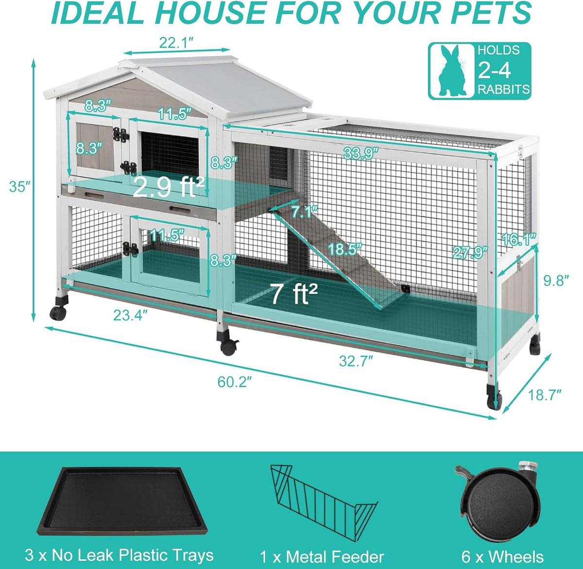 2-Tier Rabbit Hutch with Wheels, Indoor & Outdoor Small Animal Cage with Deep Pull-Out Tray