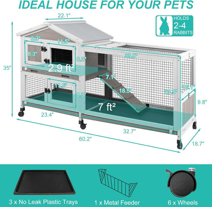 2-Tier Rabbit Hutch with Wheels, Indoor & Outdoor Small Animal Cage with Deep Pull-Out Tray