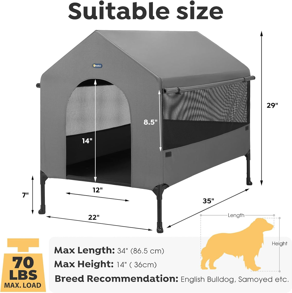 Veehoo 35" Dog House, 2-in-1 Large Dog House Outdoor Indoor Weatherproof, Outside Elevated Dog Cot