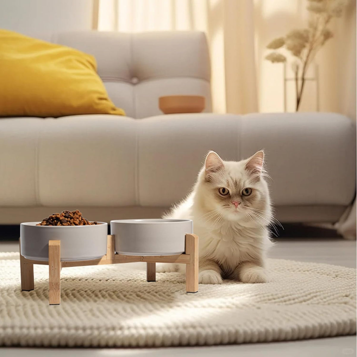 Elevated Ceramic Dog Bowl Set - Raised Feeding Bowls with Non-Slip Bamboo Stand - Small Pet Dishes