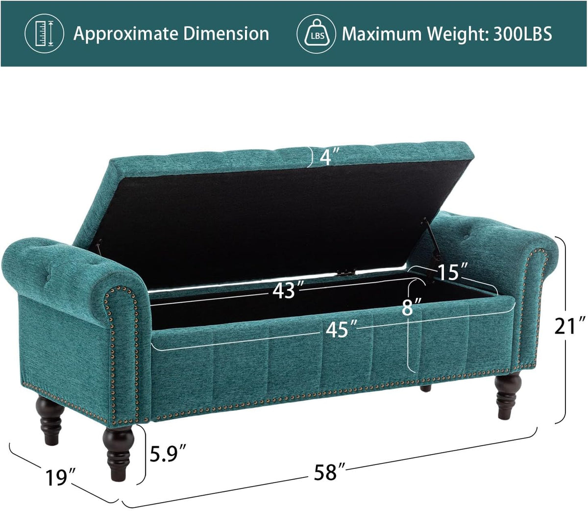58’’ Storage Bench for Bedroom, Upholstered Button-Tufted Ottoman with Solid Wood Legs, Queen Size