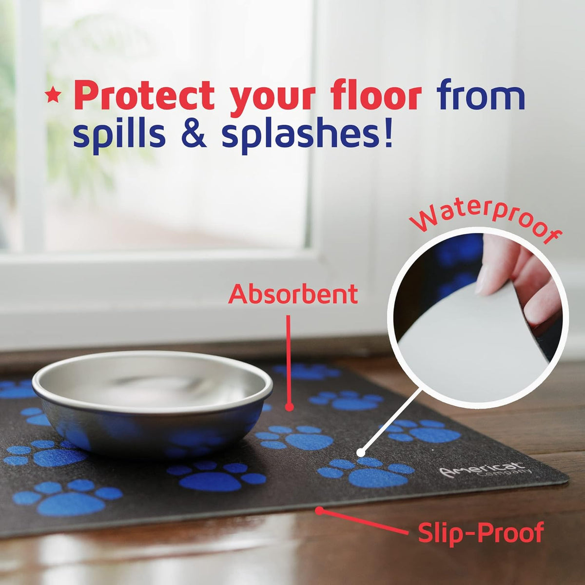 Americat Cat Feeding Mat Machine Washable, Waterproof, No-Slip Cat Placemat Protect Floors from