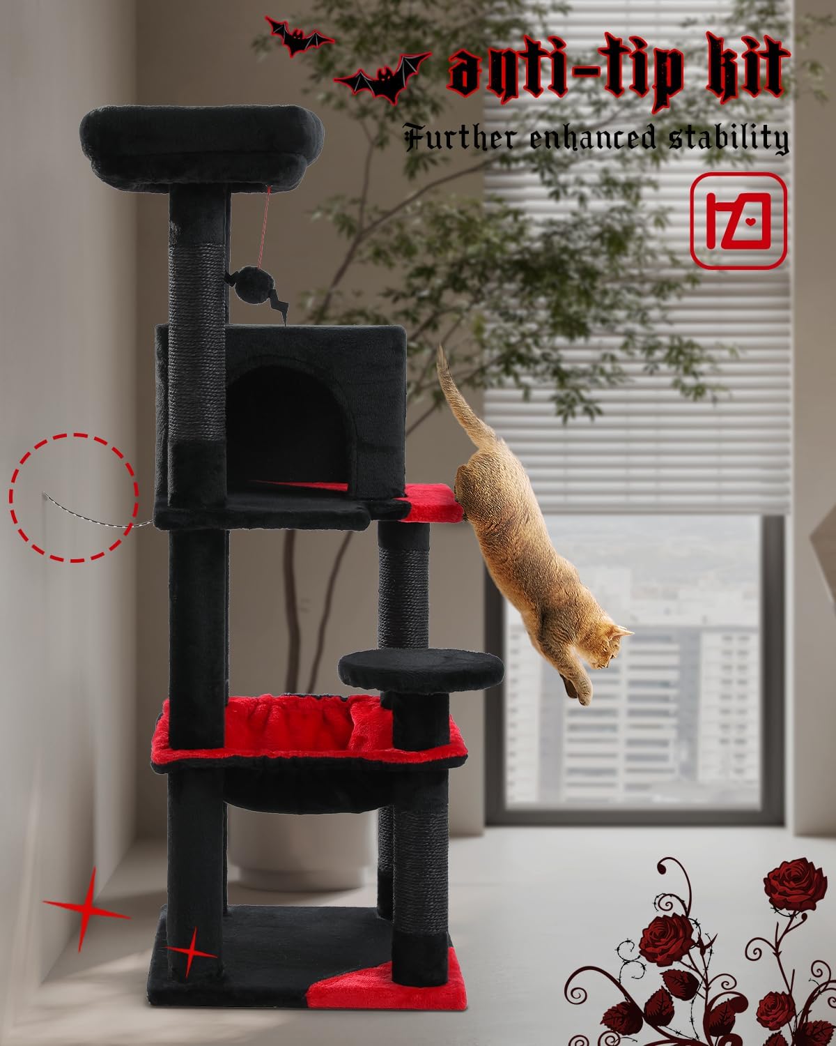 Gothic Cat Tree with Super Large Hammock, 45.7" Black Cat Tower with Coffin Bed, Cat Condo, Sisal