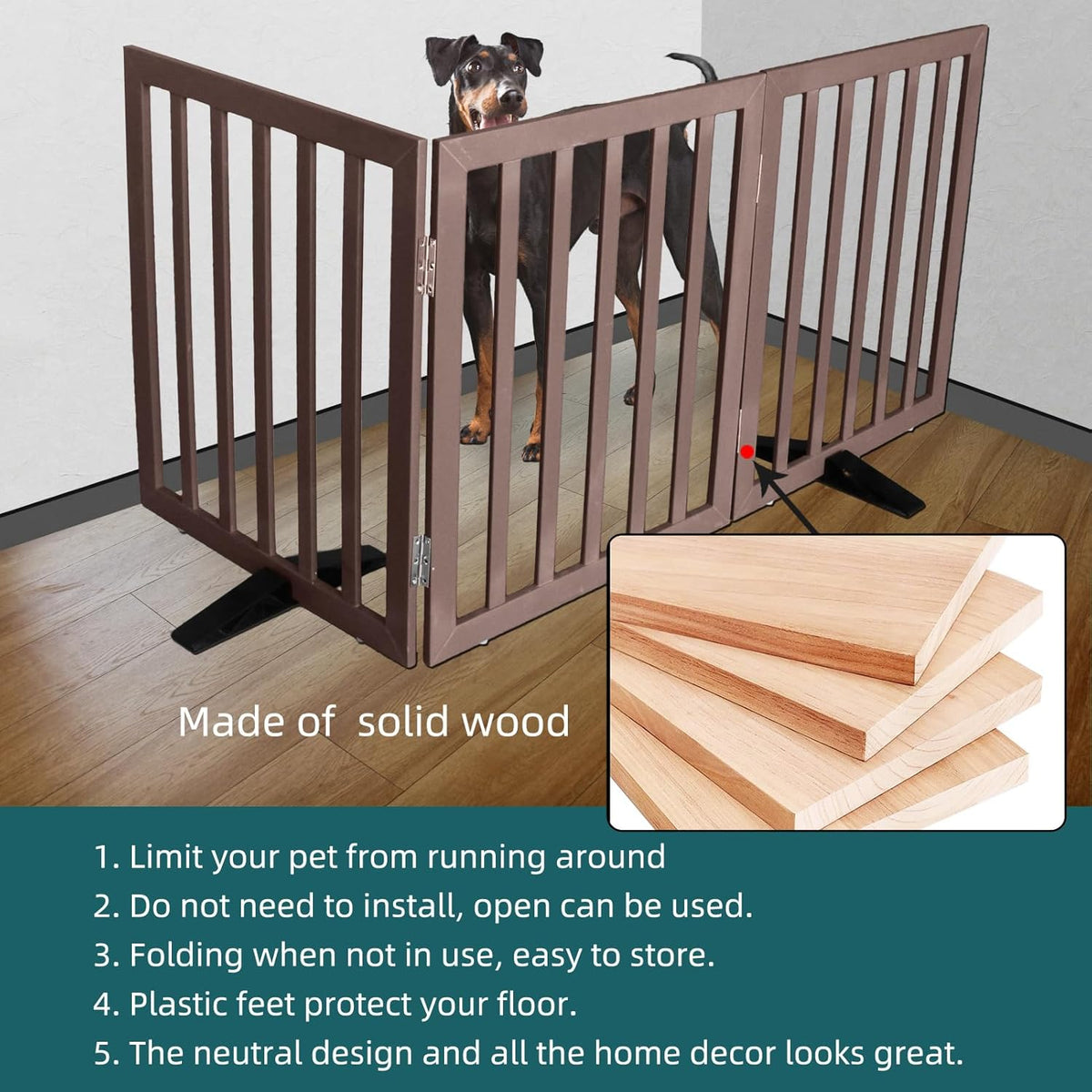 ZJSF Freestanding Indoor Dog Gate for House Foldable Wood Puppy Gate for Doorways Pet Gate for