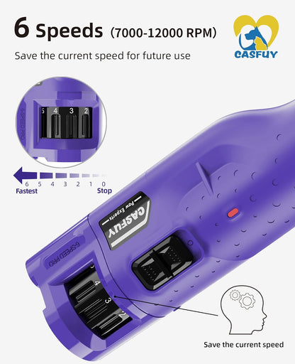 Casfuy Dog Nail Grinder Quiet - (45db) 6-Speed Pet Nail Grinder with 2 LED Lights for Large Medium