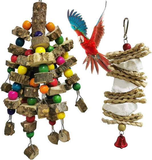 kathson Parrot Chewing Toys Medium Size - Natural Wooden Bird Toys with Colorful Blocks, Sturdy