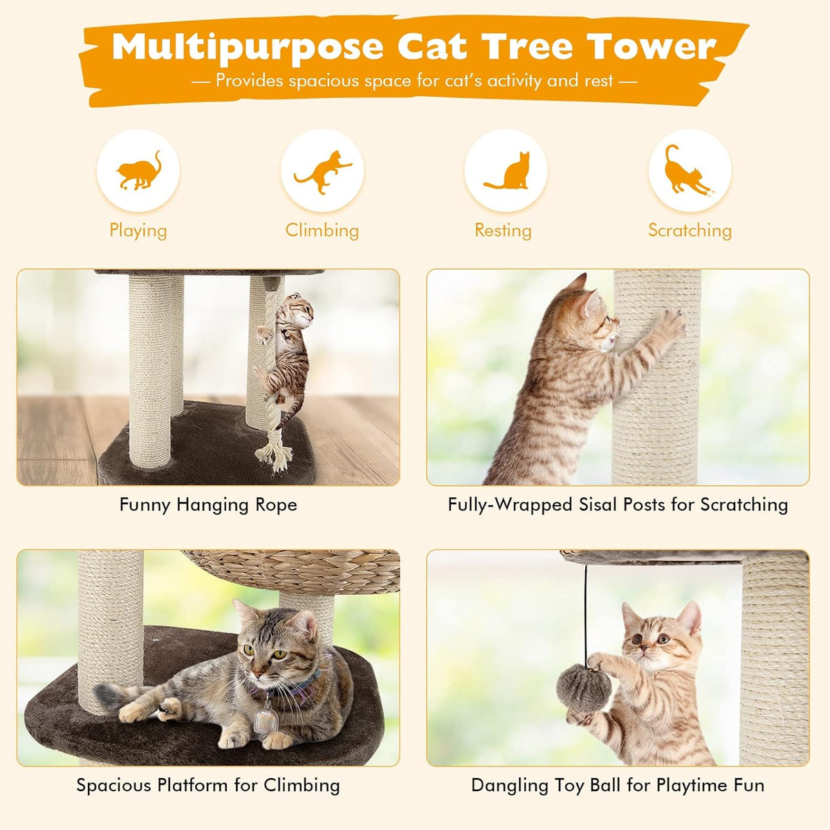 Tangkula Modern Cat Tree for Indoor Cats, Small/Tall Cat Tower with Natural Sisal Scratching Post