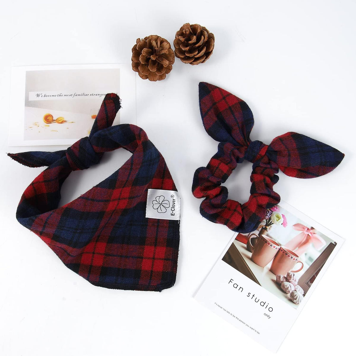 E-Clover Dog Bandanas & Matching Scrunchie Set Plaid Dog Scarf Bibs Pet Handkerchief for Small Dogs
