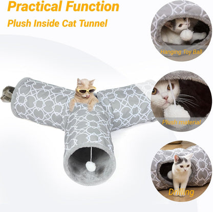 LUCKITTY Geometric 3 Way Cat Tunnel with Plush Inside,Cats Toys Collapsible Tunnel Tube with Balls