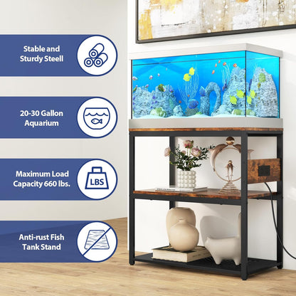 20-29 Gallon Fish Tank Stand With Power Outlets, 3-Tier Metal Aquarium Stands, Breeder Reptile Tank