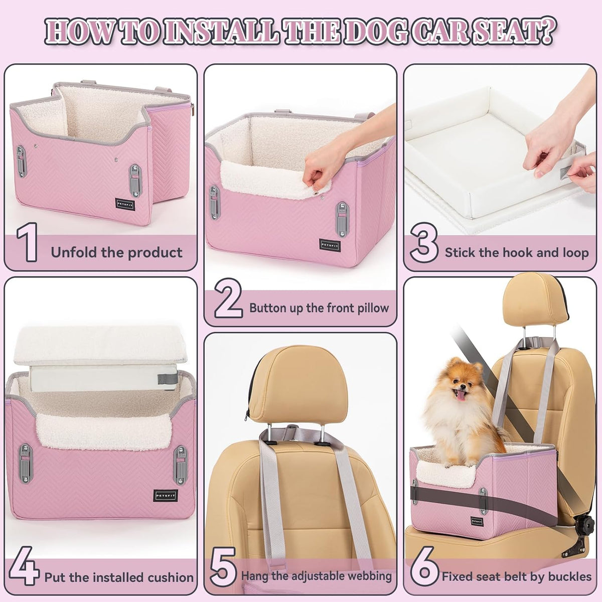 PETSFIT Dog Car Seats for Small Dogs, Portable Puppy Car Saet for Car with Clip-On Leash