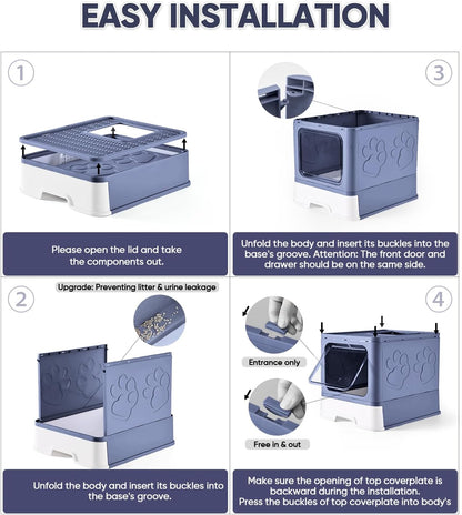 Cat Litter Box with X-Large Litter Mat and Scoop, Large Foldable Litter Box with Lid, Enclosed