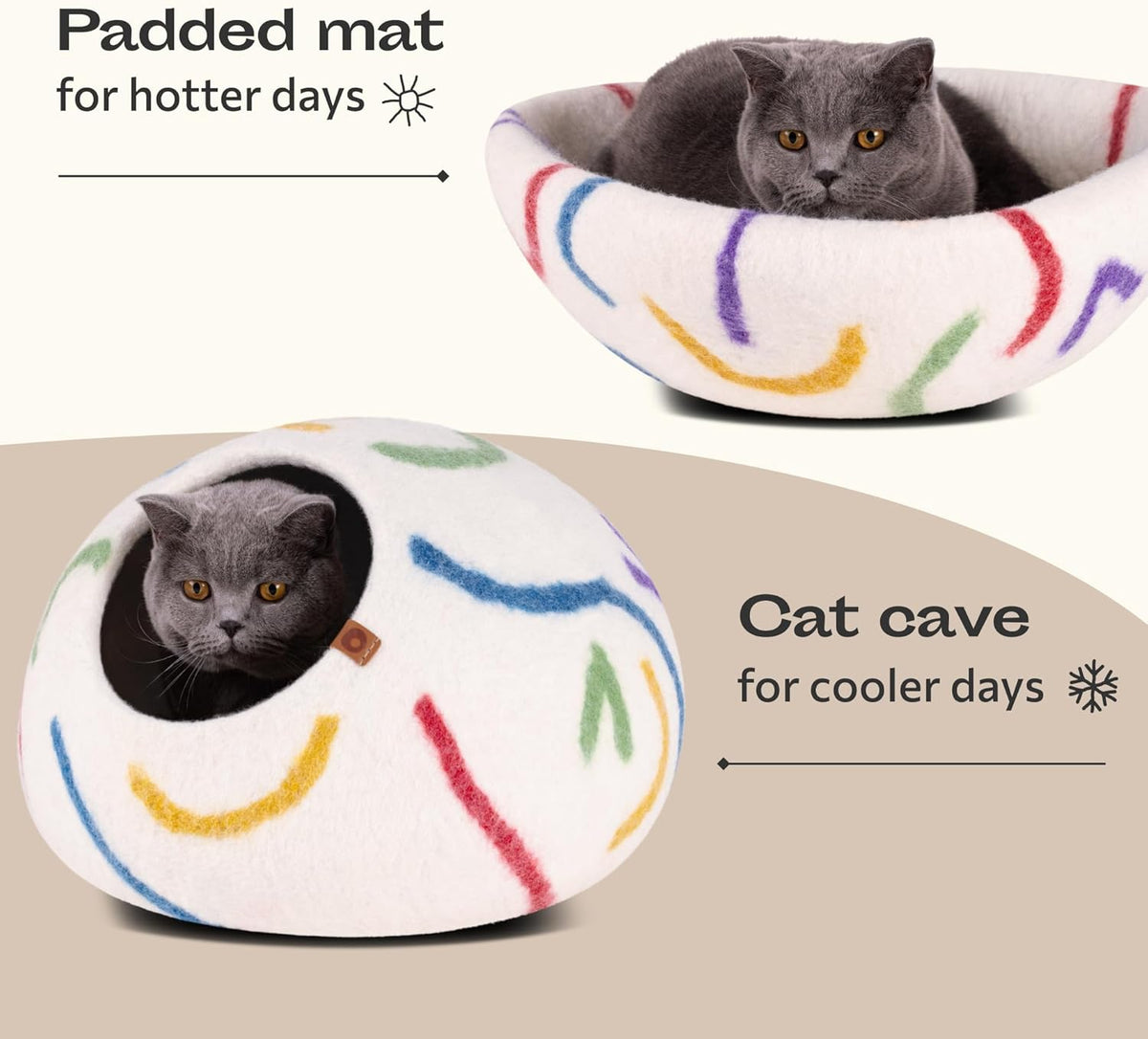 MEOWFIA Cat Cave – Premium Felt Cat Bed for Indoor Cats, Handmade 100% Merino Wool (Large, Ivory