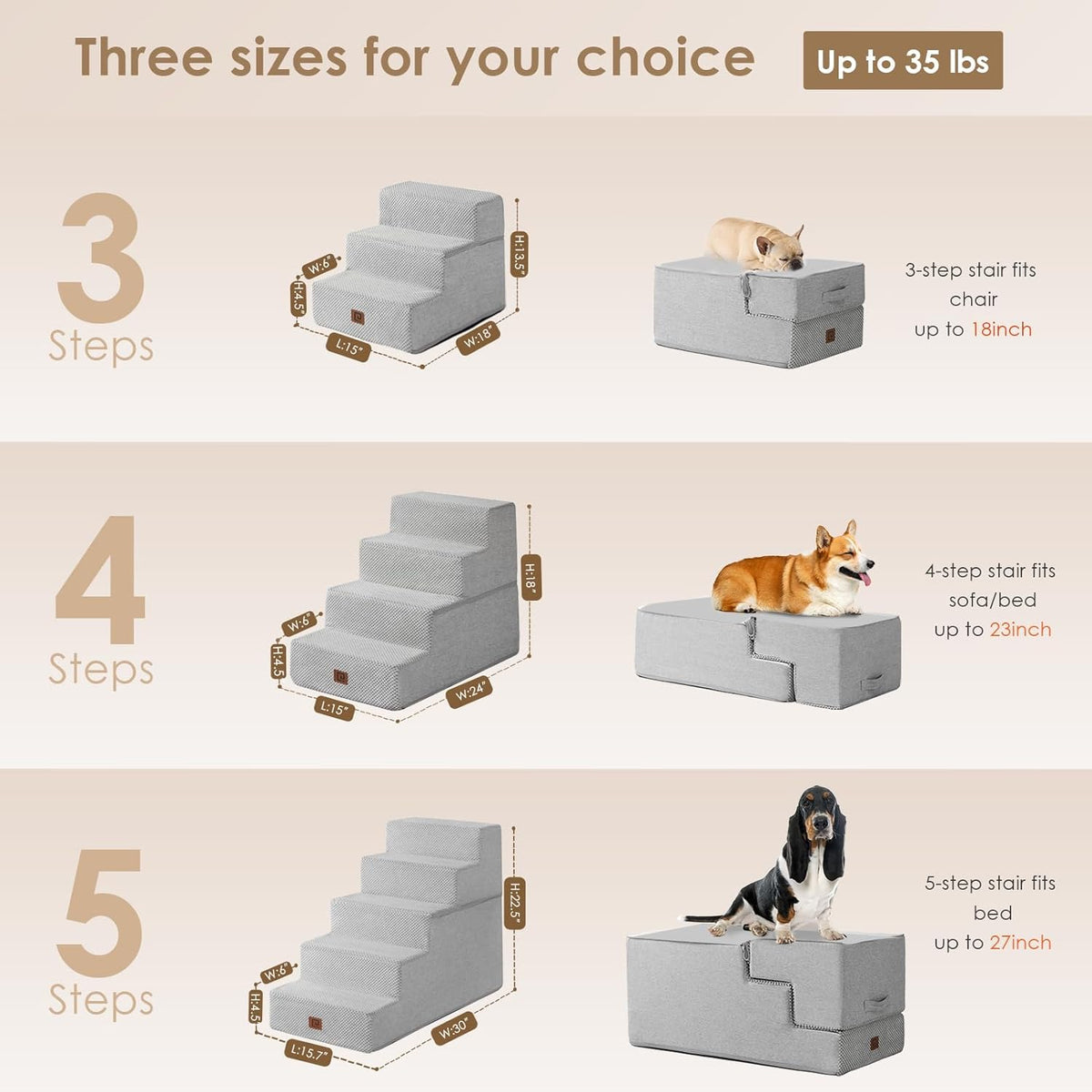 EHEYCIGA Dog Stairs for Small Dogs 13.5" H, 3-Step Dog Steps for Couch Sofa and Chair, Pet Steps