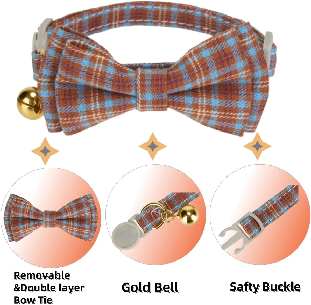 2 Pack Soft Cotton Cat Collars with Bowtie and Bell Breakaway Plaid Cat Kitten Collar(Beige and