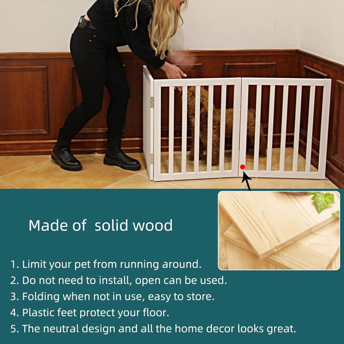 ZJSF Freestanding Indoor Dog Gate for House Foldable Wood White Puppy Gate for Doorways Pet Gate