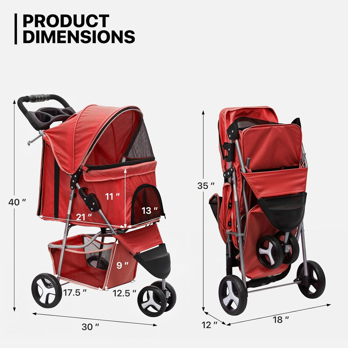 MoNiBloom 3 Wheels Pet Stroller, Foldable Puppy Cage Jogger Stroller with Weather Cover for